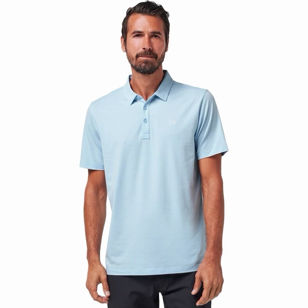 NWOT Travis Mathew The Heater Polo Heather Blue Performance Golf Logo Stretch